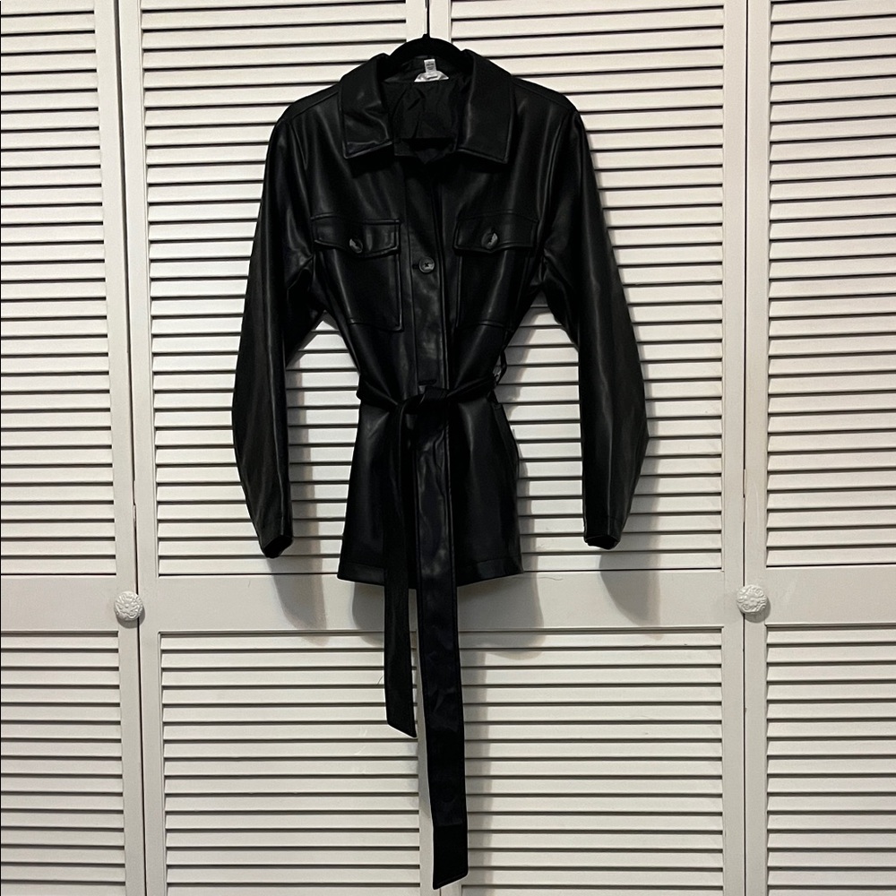 Time and Tru Black Pleather Belted Jacket